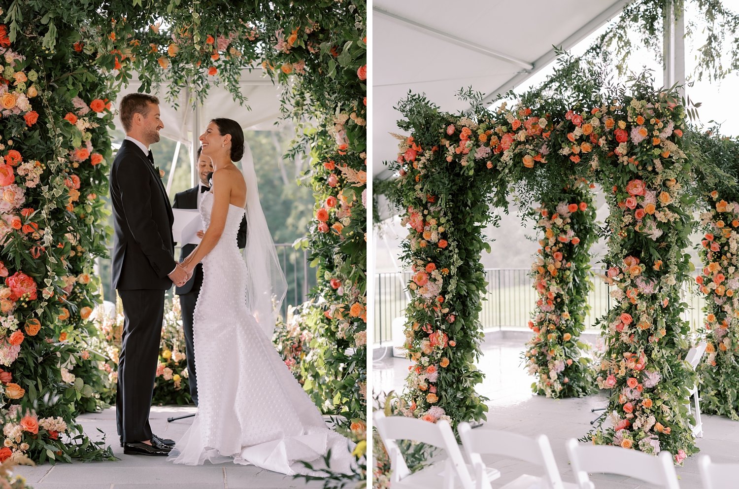 bride and groom hold hands standing by arbor with pink and orange flowers