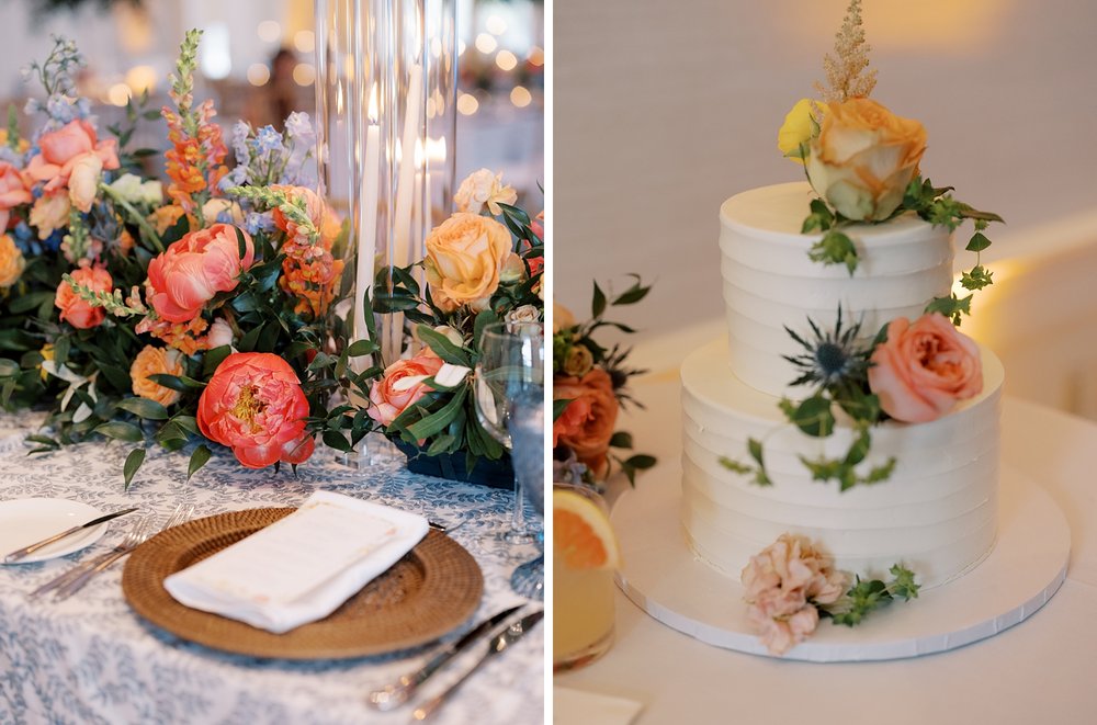 wedding reception with coral flowers and tiered wedding cake for reception at The Country Club of New Canaan