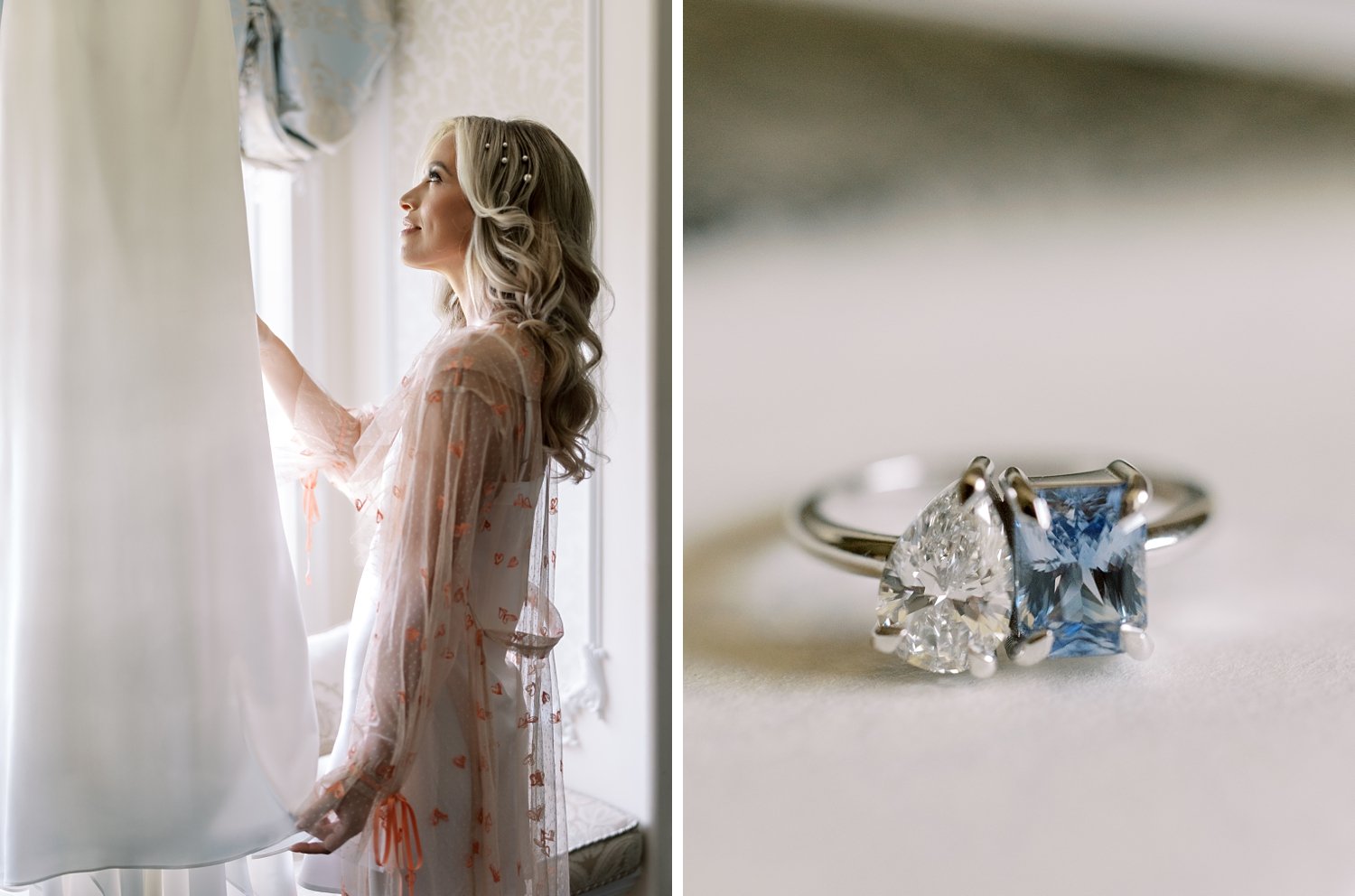 bride looks at wedding dress hanging in the window at the Ashford Estate