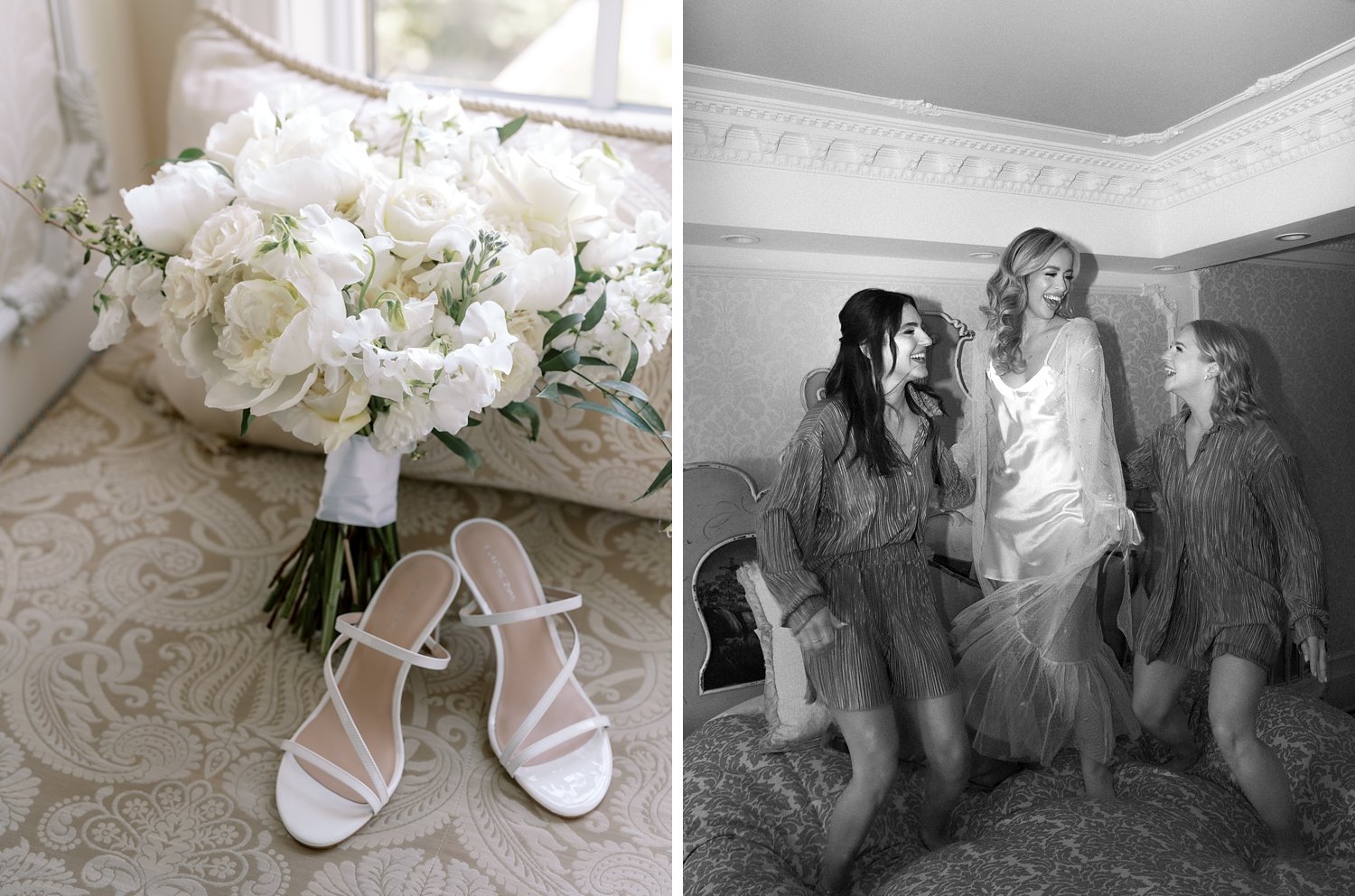 bride jumps on the bed with two bridesmaids in suite at the Ashford Estate