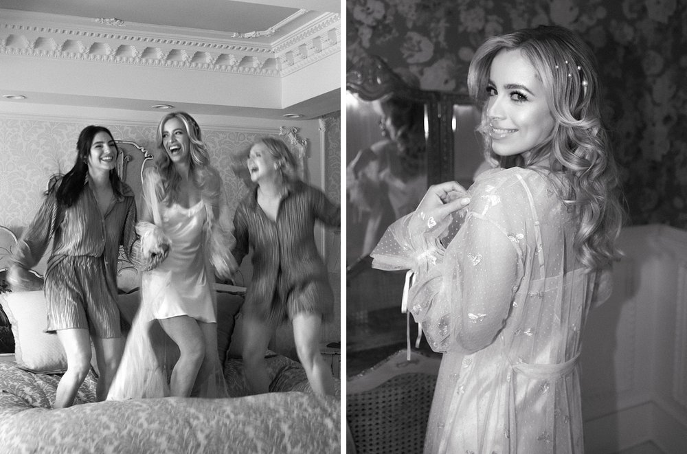 bridesmaids jump on bed with bride at the Ashford Estate