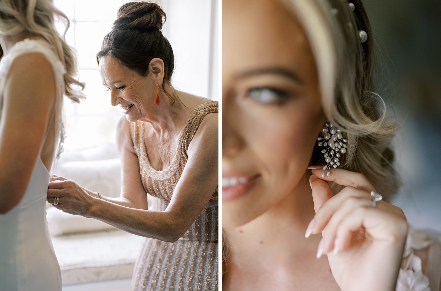 bride holds earrings and mom helps her into wedding dress