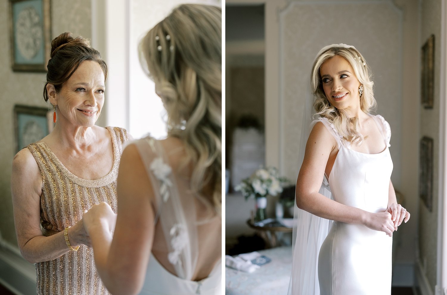 bride looks over shoulder in wedding gown at suite in the Ashford Estate