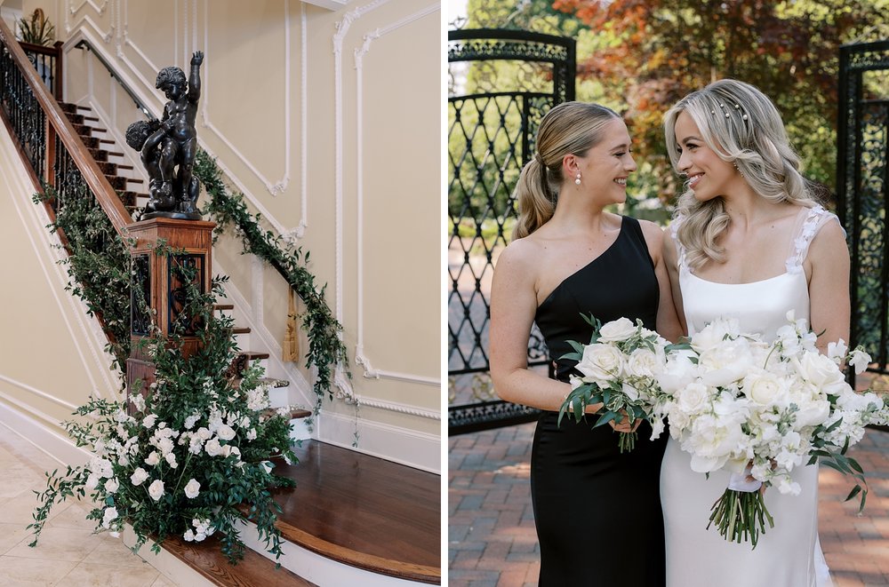 bride hugs bridesmaid in black gown leaning together outside gate 