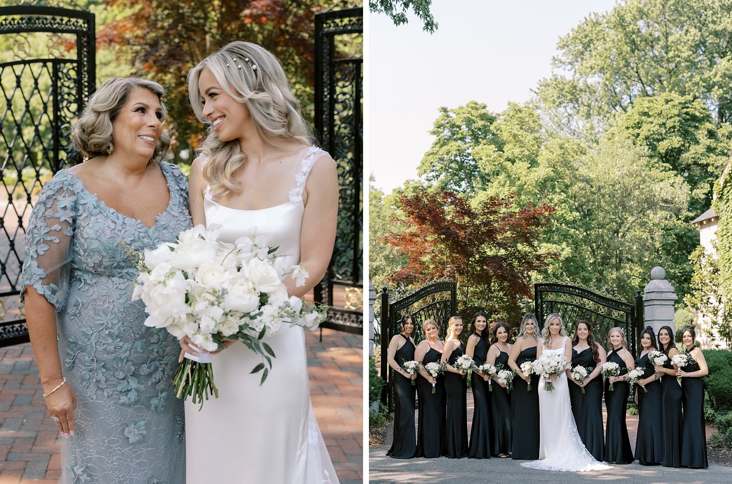 bride and mom hug outside black gate at the Ashford Estate