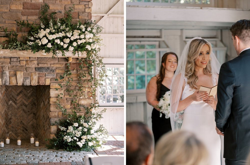 newlyweds exchange vows near ceremony at the Ashford Estate with white flowers on mantle 