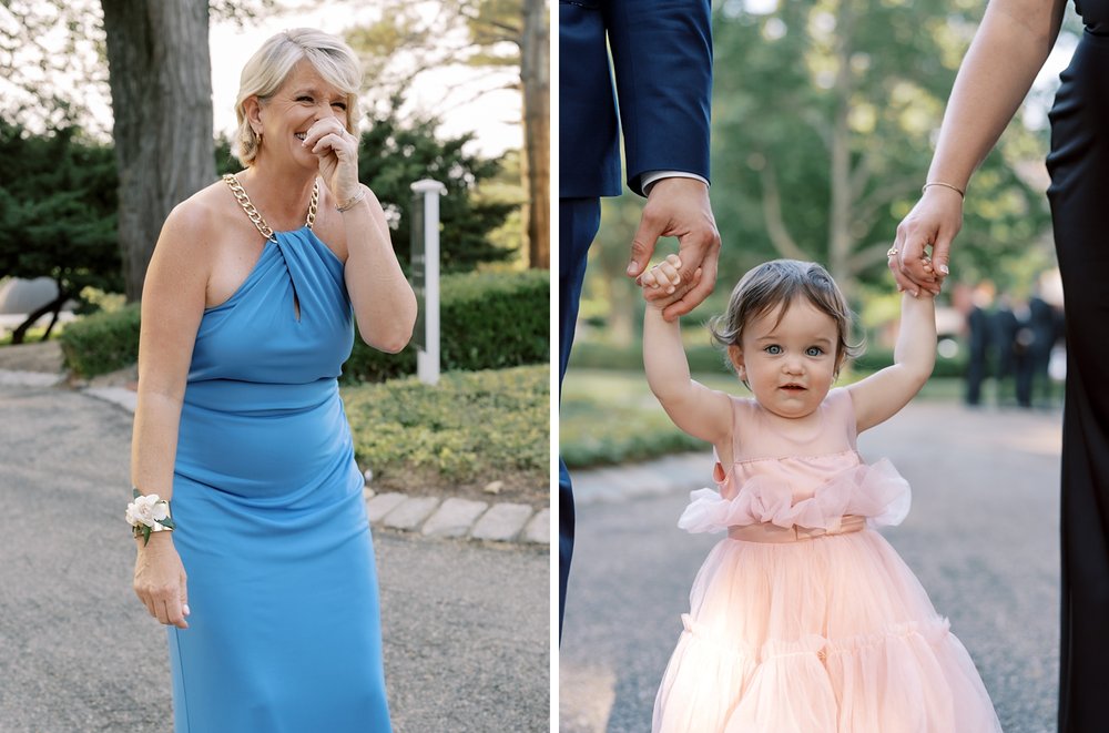 wedding guest in blue dress laughs on wedding day