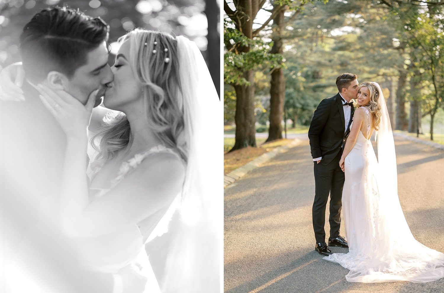 newlyweds kiss on driveway at the Ashford Estate at sunset