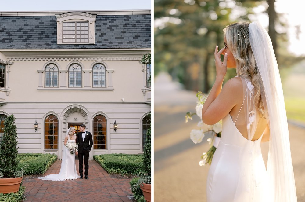 newlyweds stand outside the Ashford Estate hugging