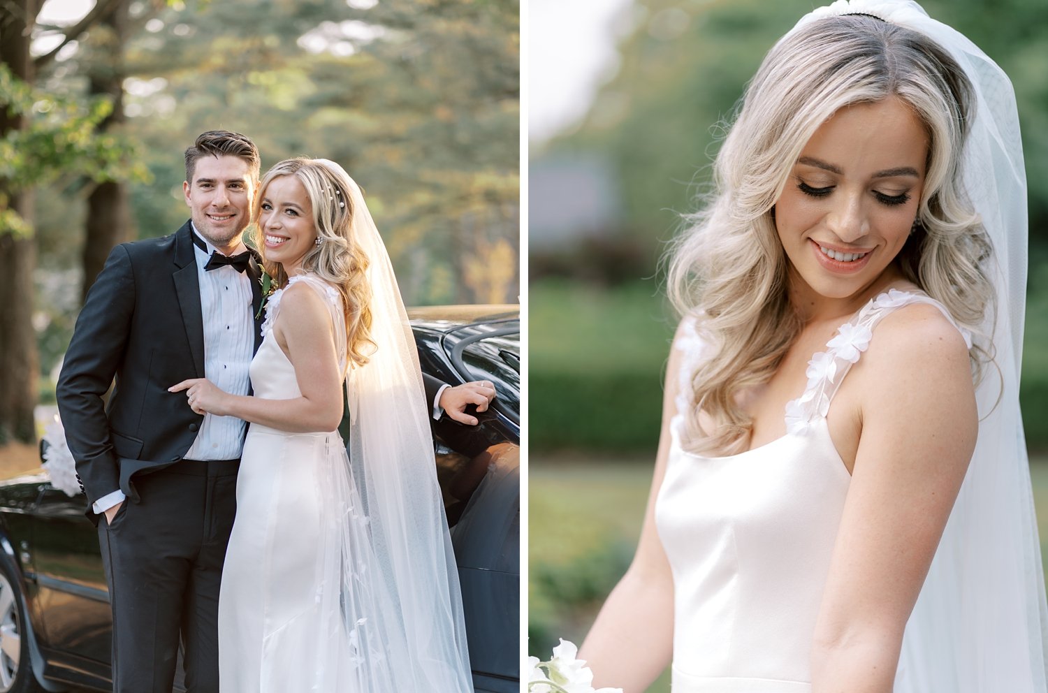 bride and groom hug in front of car and bride looks over shoulder at wedding dress