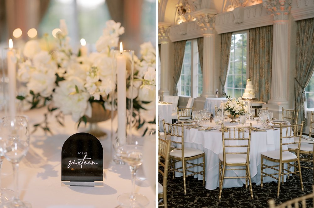 wedding reception with black signs and white taper candles