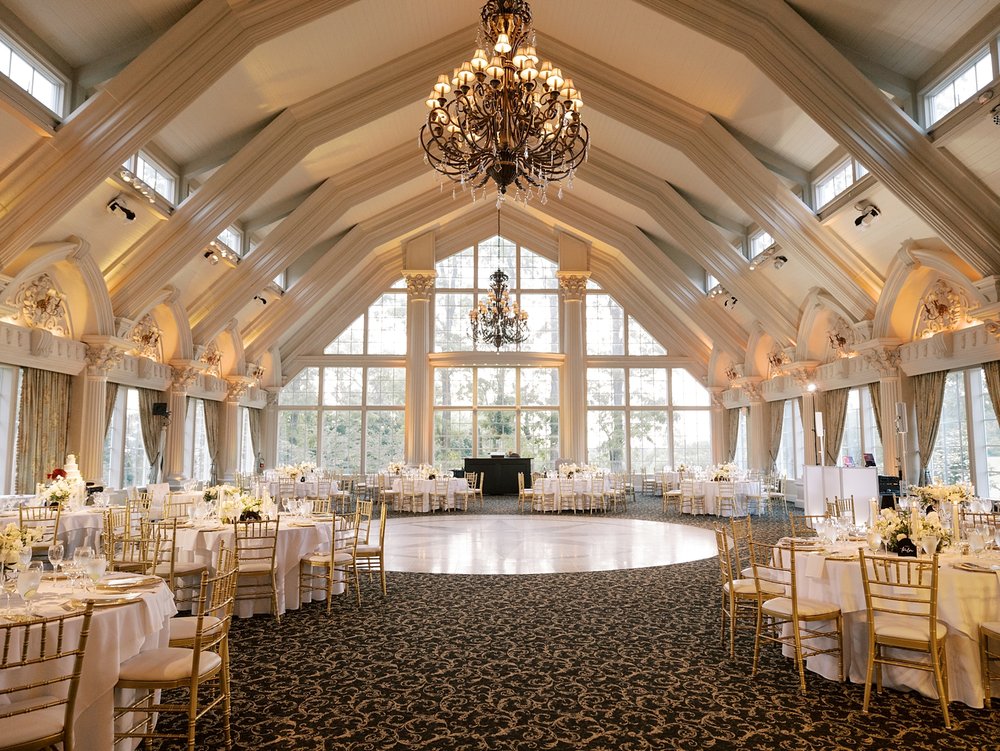 wedding reception inside the Ashford Estate with black, white, and gold details