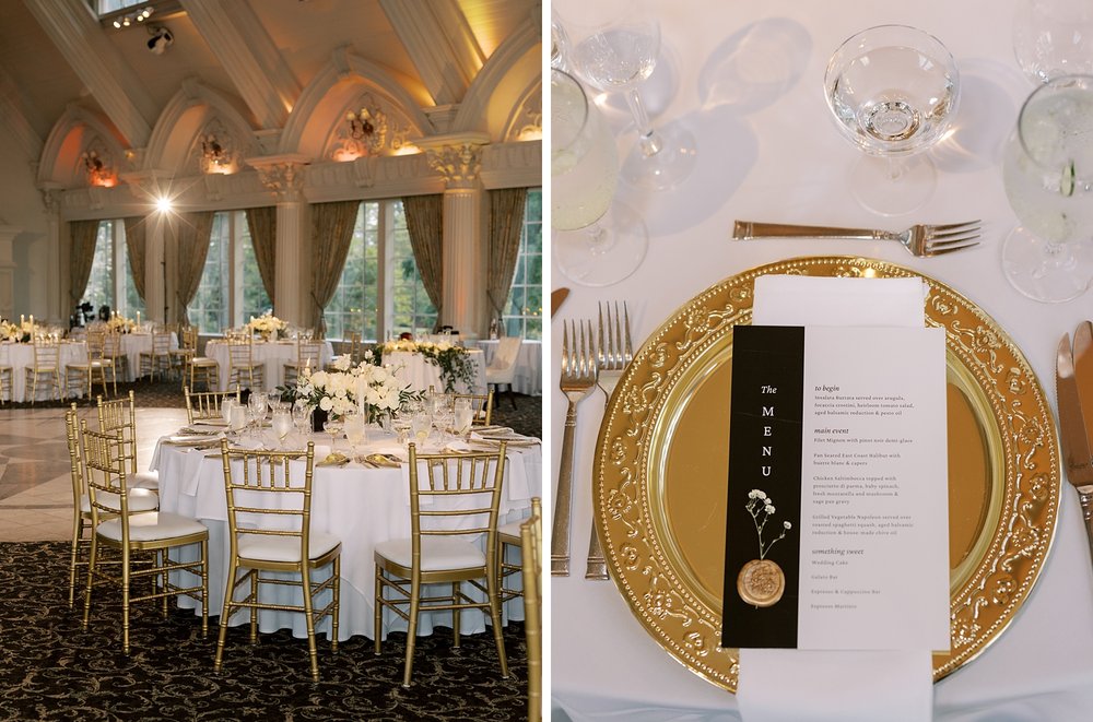 wedding reception with gold charger and black and white menu card at the Ashford Estate