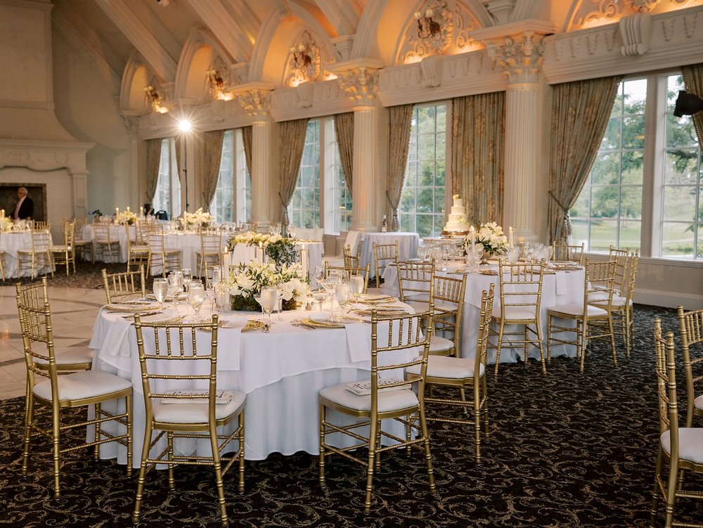 classic wedding reception at the Ashford Estate with black, white, and gold details 