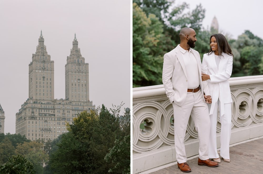 married couple stands on bridge during Central Park anniversary portraits 