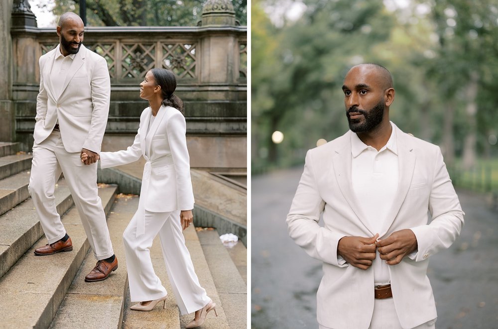 husband and wife hold hands walking up steps during rainy Central Park anniversary photos