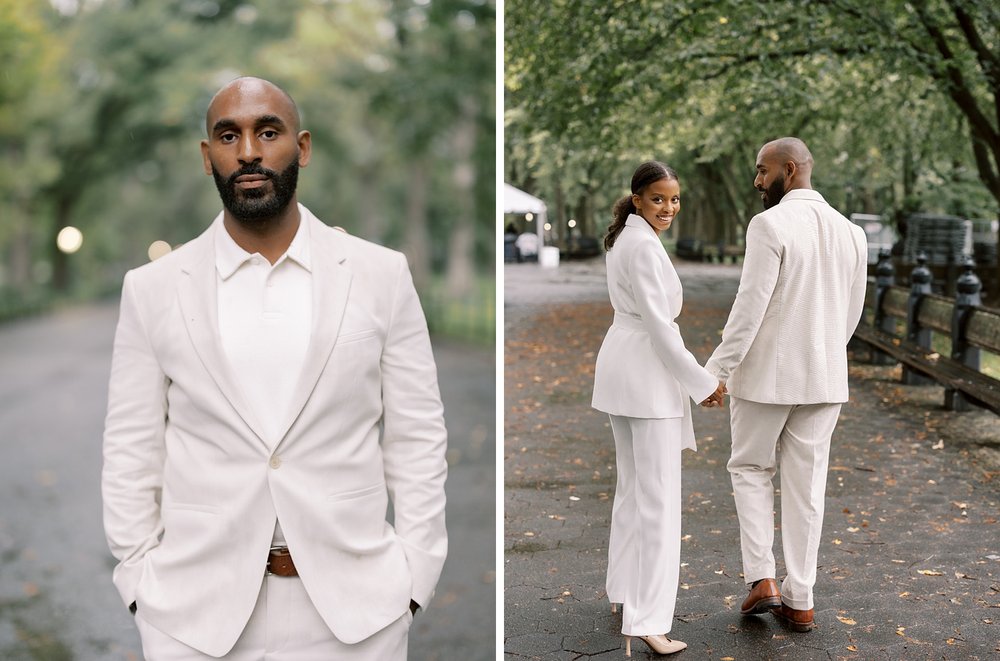 man stands with hand in pocket during anniversary portraits inside Central Park