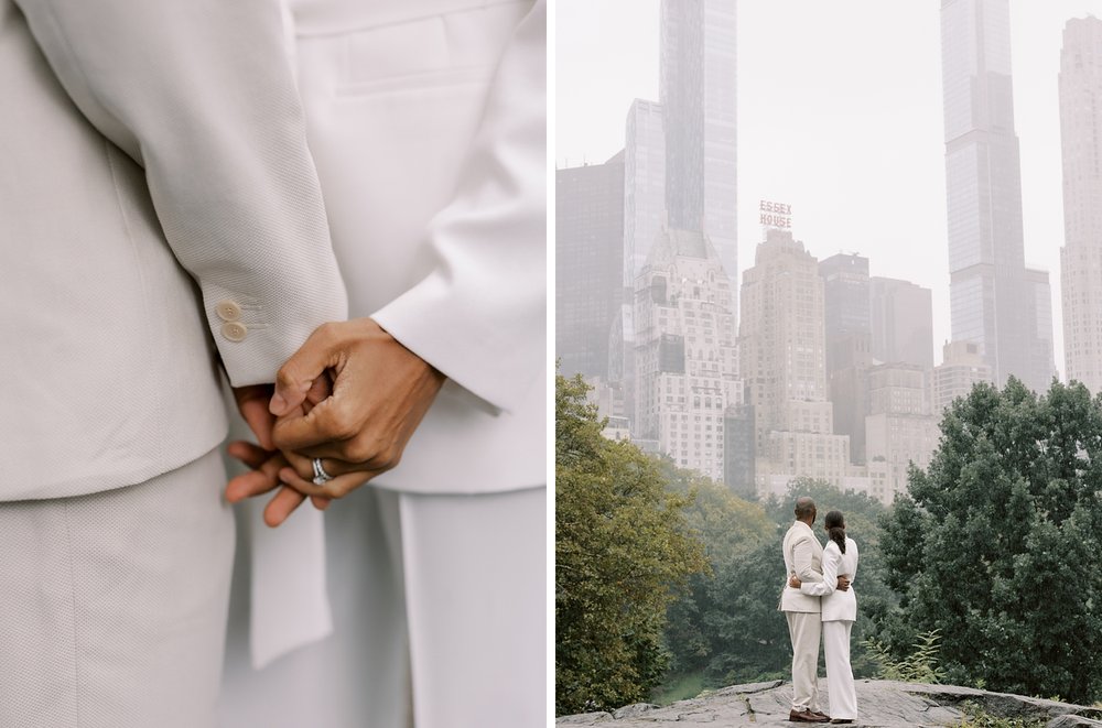married couple holds hands during Central Park anniversary session