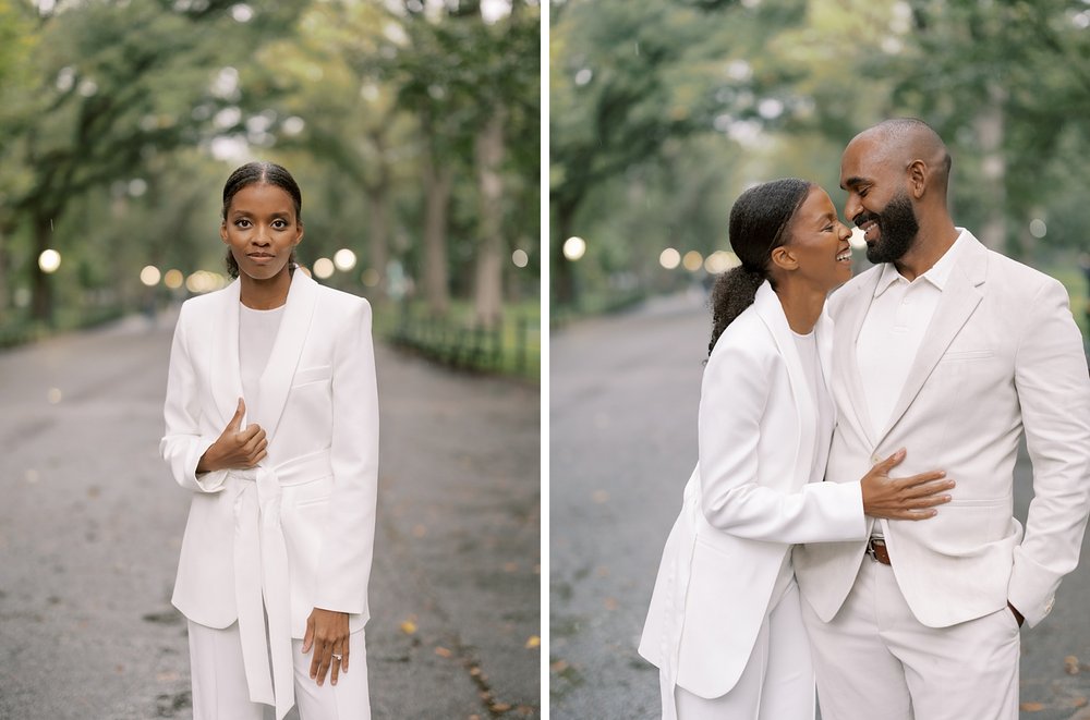woman in white suit smiles at husband inside Central Park