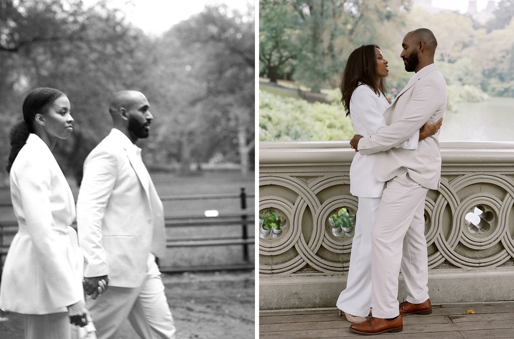 married couple stands on Bow Bridge during Central Park anniversary photos