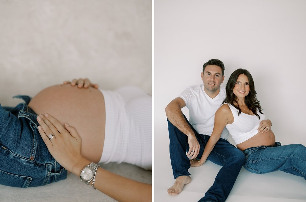 studio maternity portraits in New York City for parents in jeans and white shirts
