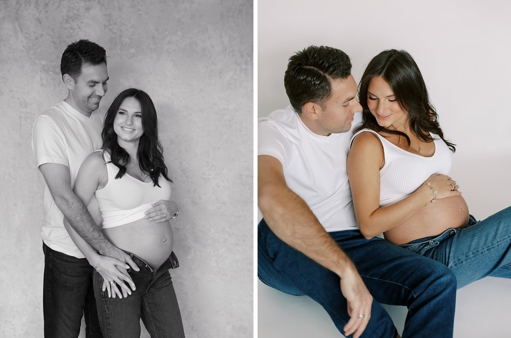 man hugs expecting wife during studio maternity portraits in New York City