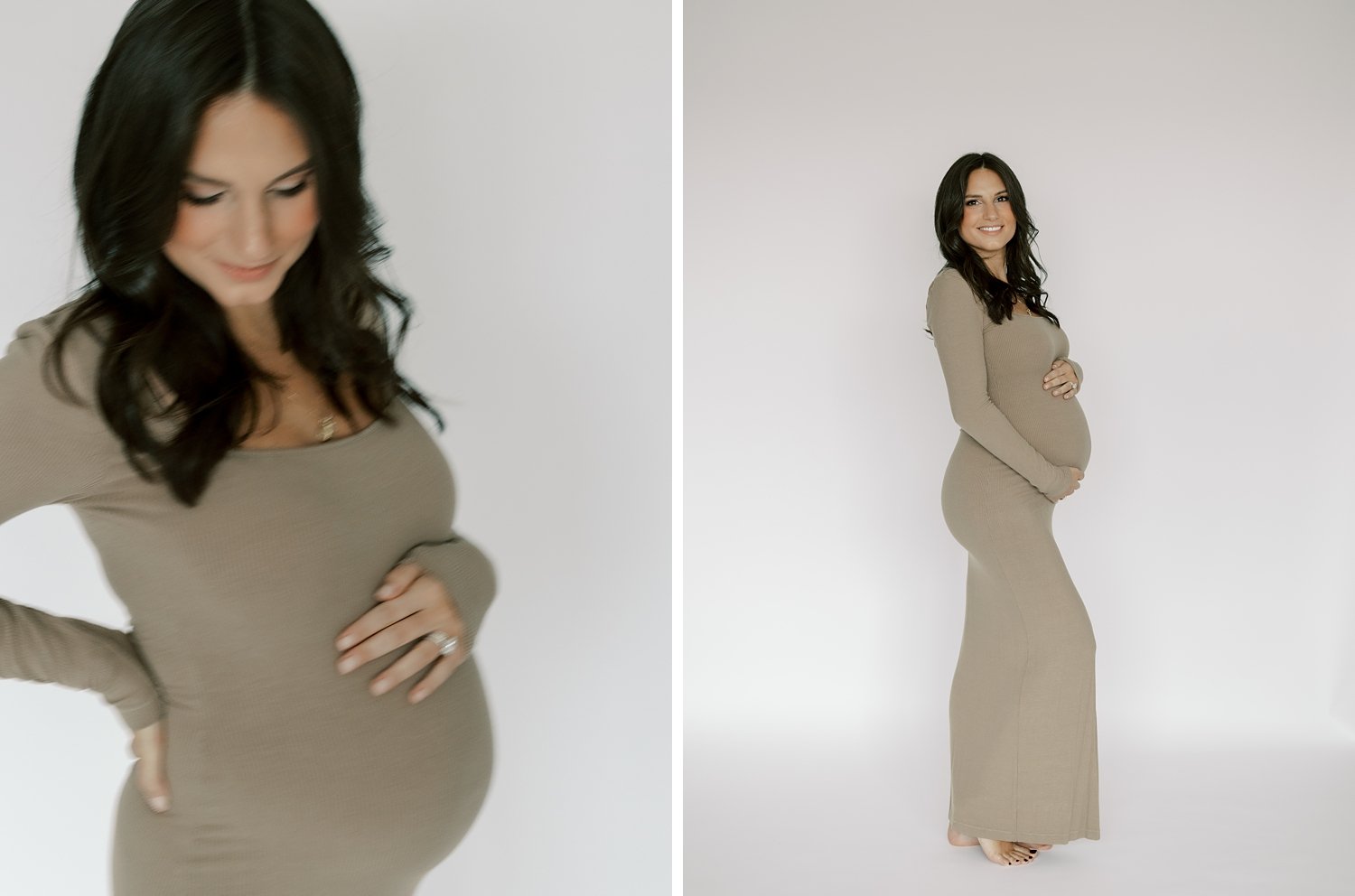 expecting mom poses holding bump in fall sweater dress during studio maternity session in Greenwich