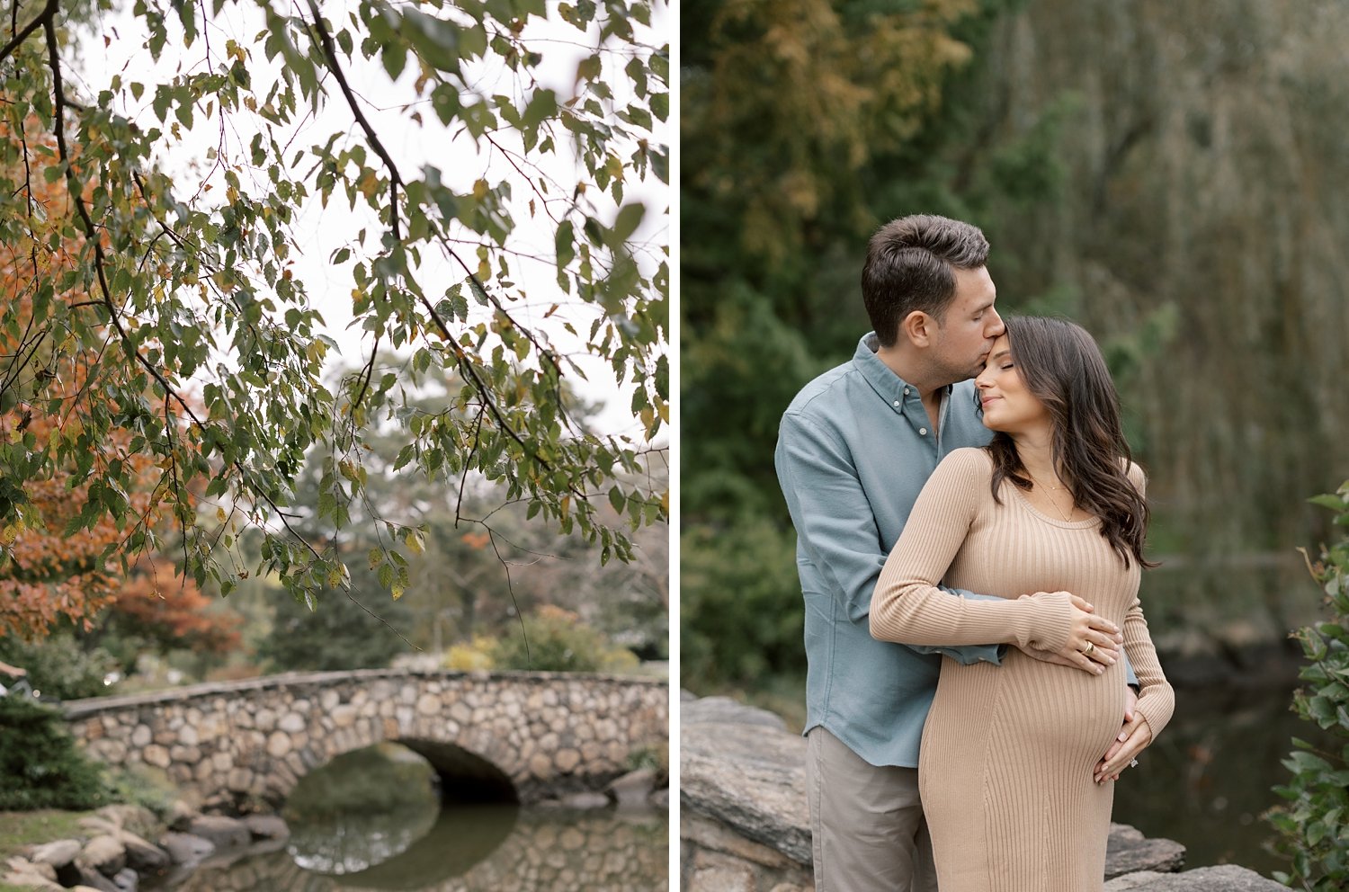 fall maternity session in Binney Park with couple posing on wooden bridge