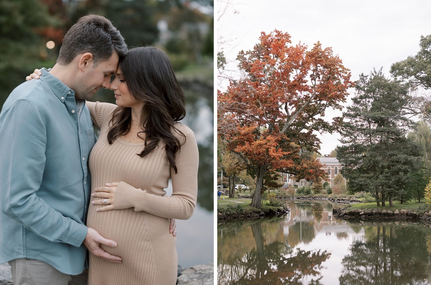 couple leans heads together while mom holds baby bump during fall maternity session in Binney Park