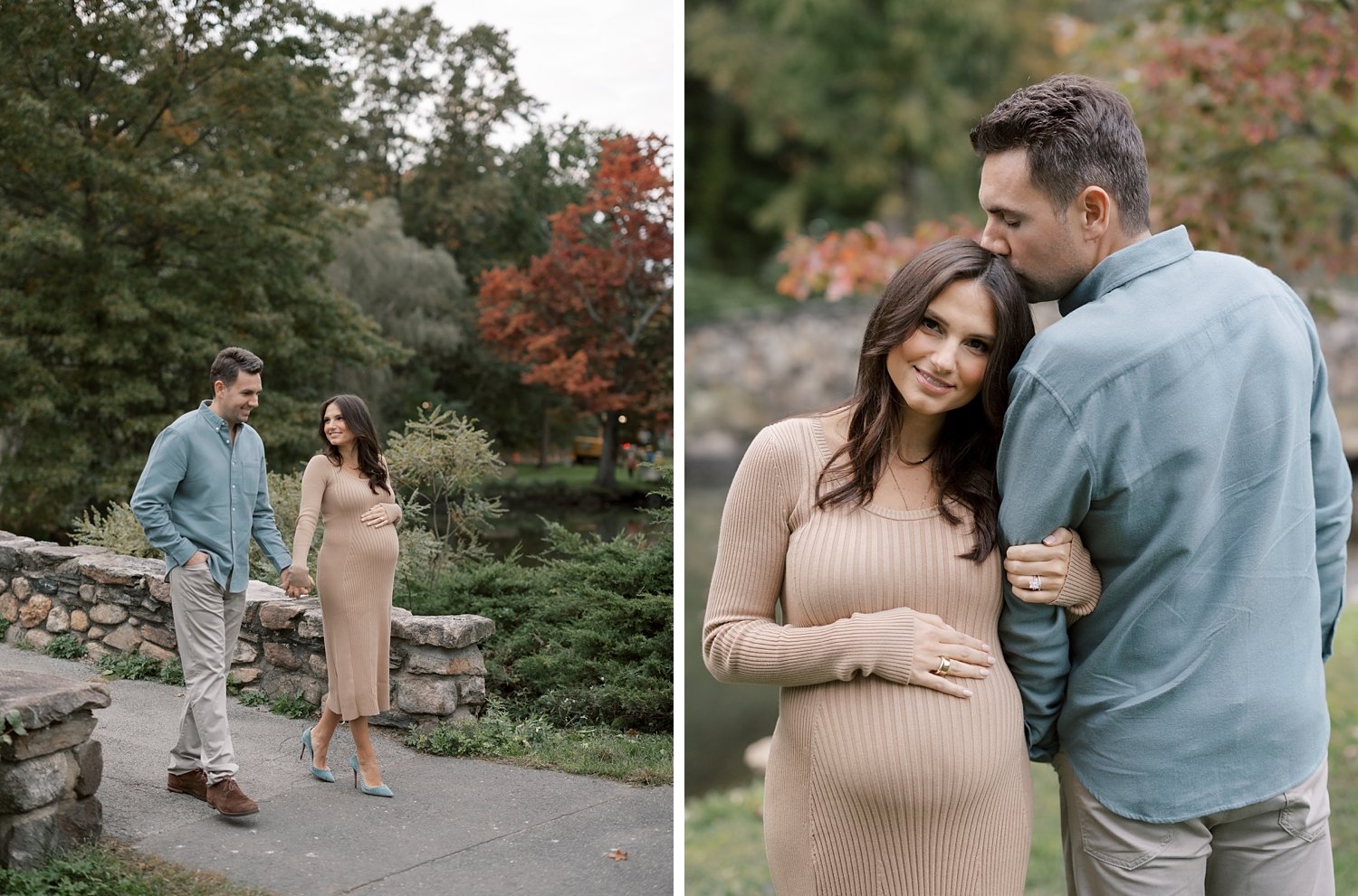 husband hugs wife to his side kissing his head during fall maternity session in New York City