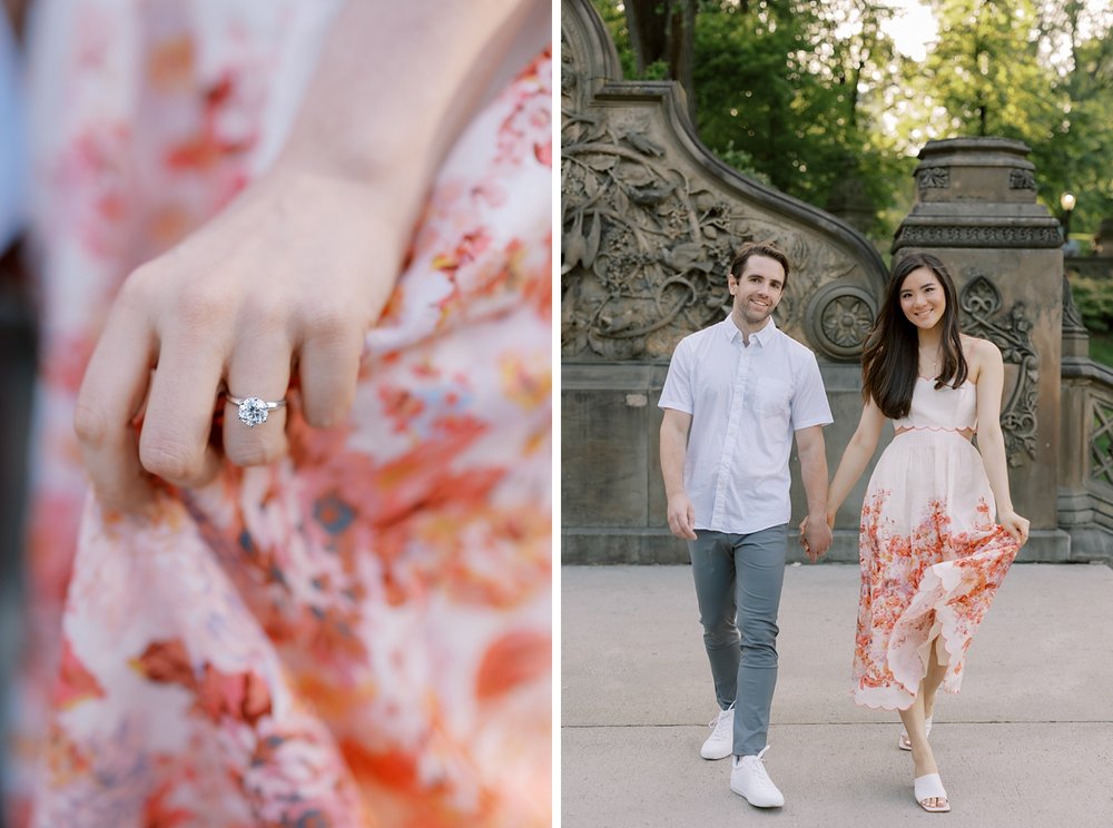 woman holds skirt of Zimmerman floral dress during spring engagement portraits in Central Park
