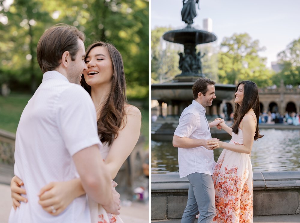 engaged couple hugs near Bethesda Fountain in New York City