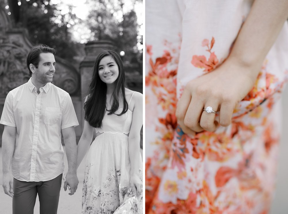 engaged couple holds hands while woman holds skirt showing off ring