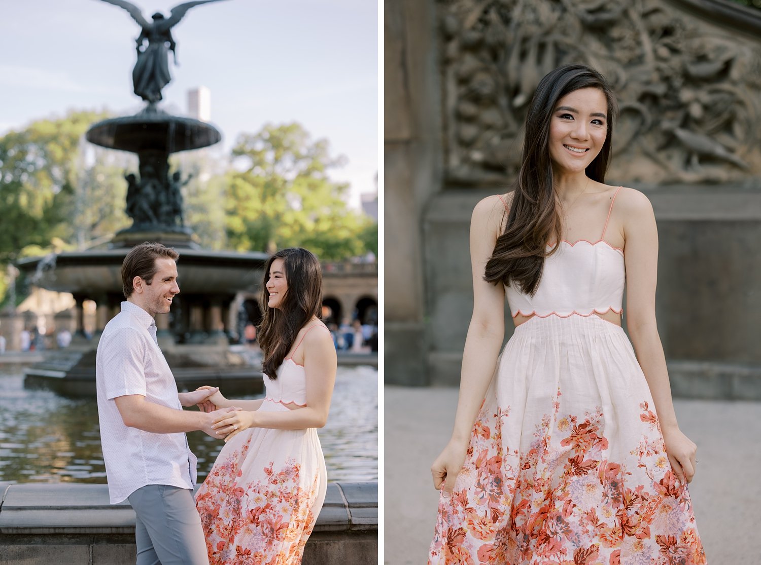 woman in floral Zimmerman dress leans against Bethesda Fountain during spring engagement portraits in Central Park