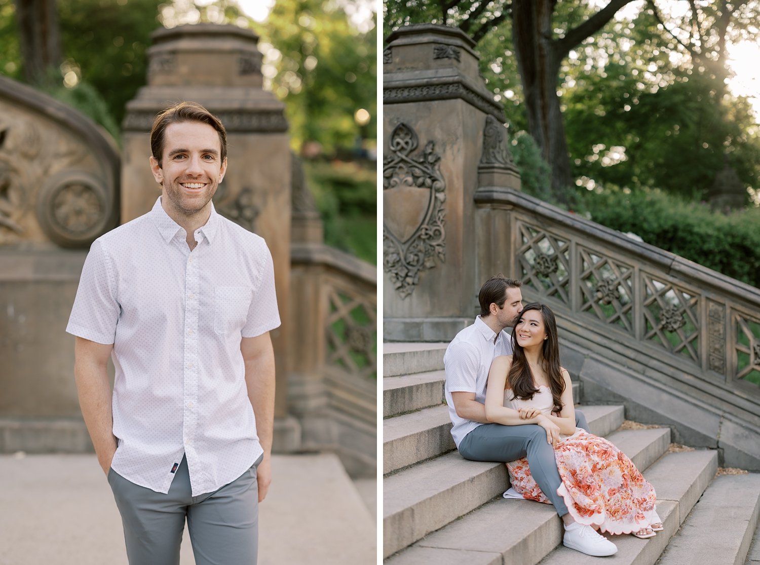 man stands with hands in his pocket on Bethesda Terrace steps