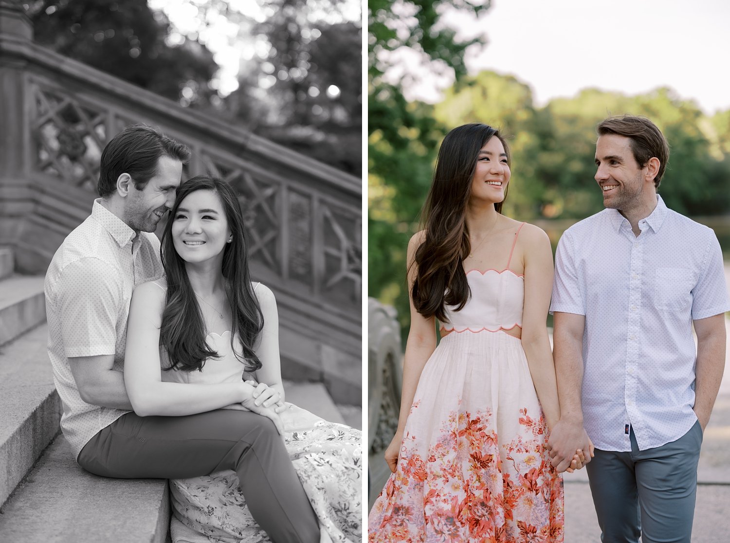 engaged couple sits on steps of Bethesda Terrace during spring engagement portraits in Central Park