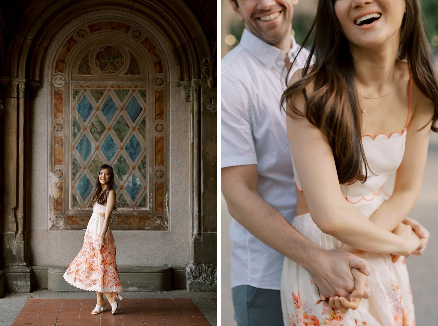 man hugs fiancee under Bethesda Terrace during spring engagement portraits in Central Park