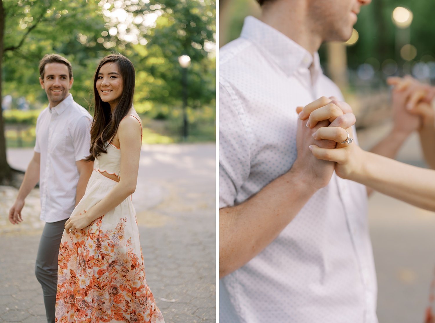 couple holds hands walking through Central Park