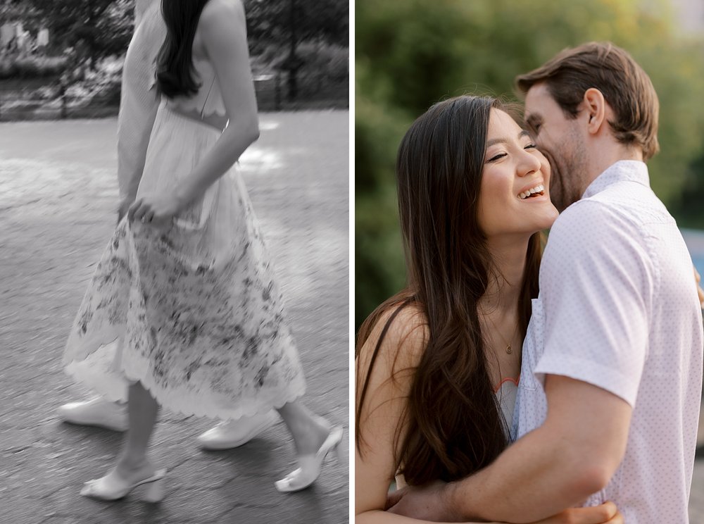 woman holds skirt up during spring engagement portraits in Central Park
