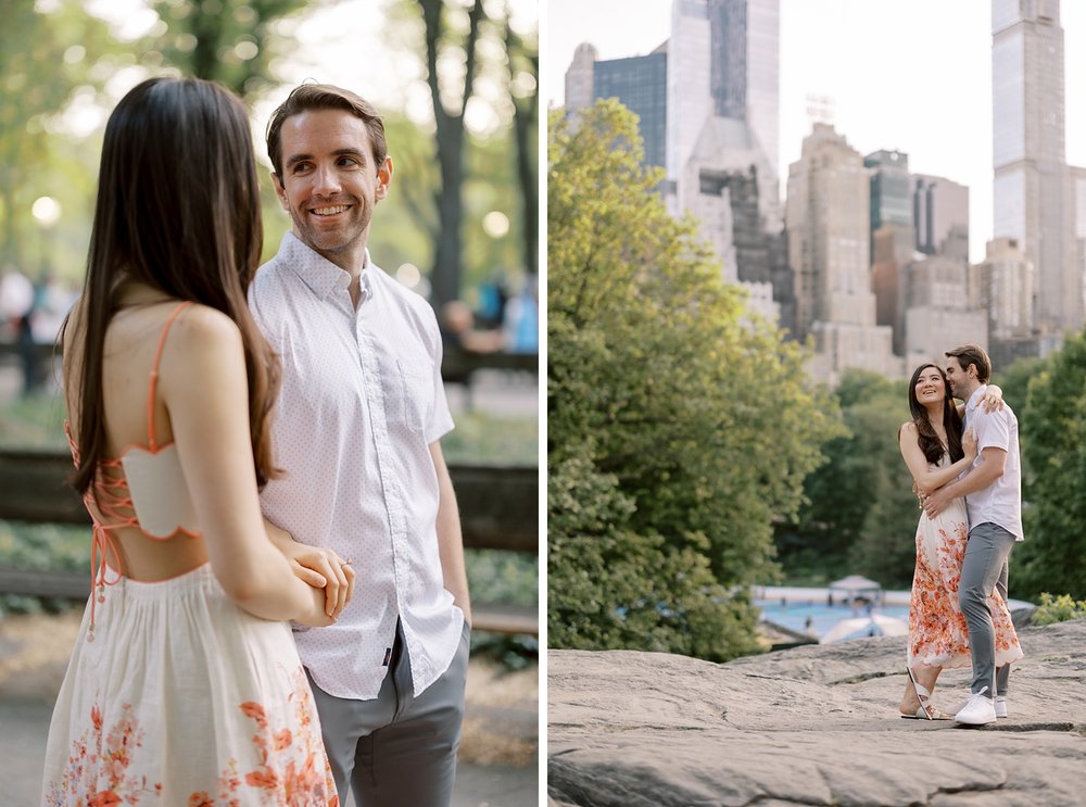 engaged couple hugs on rocks during Central Park engagement portraits