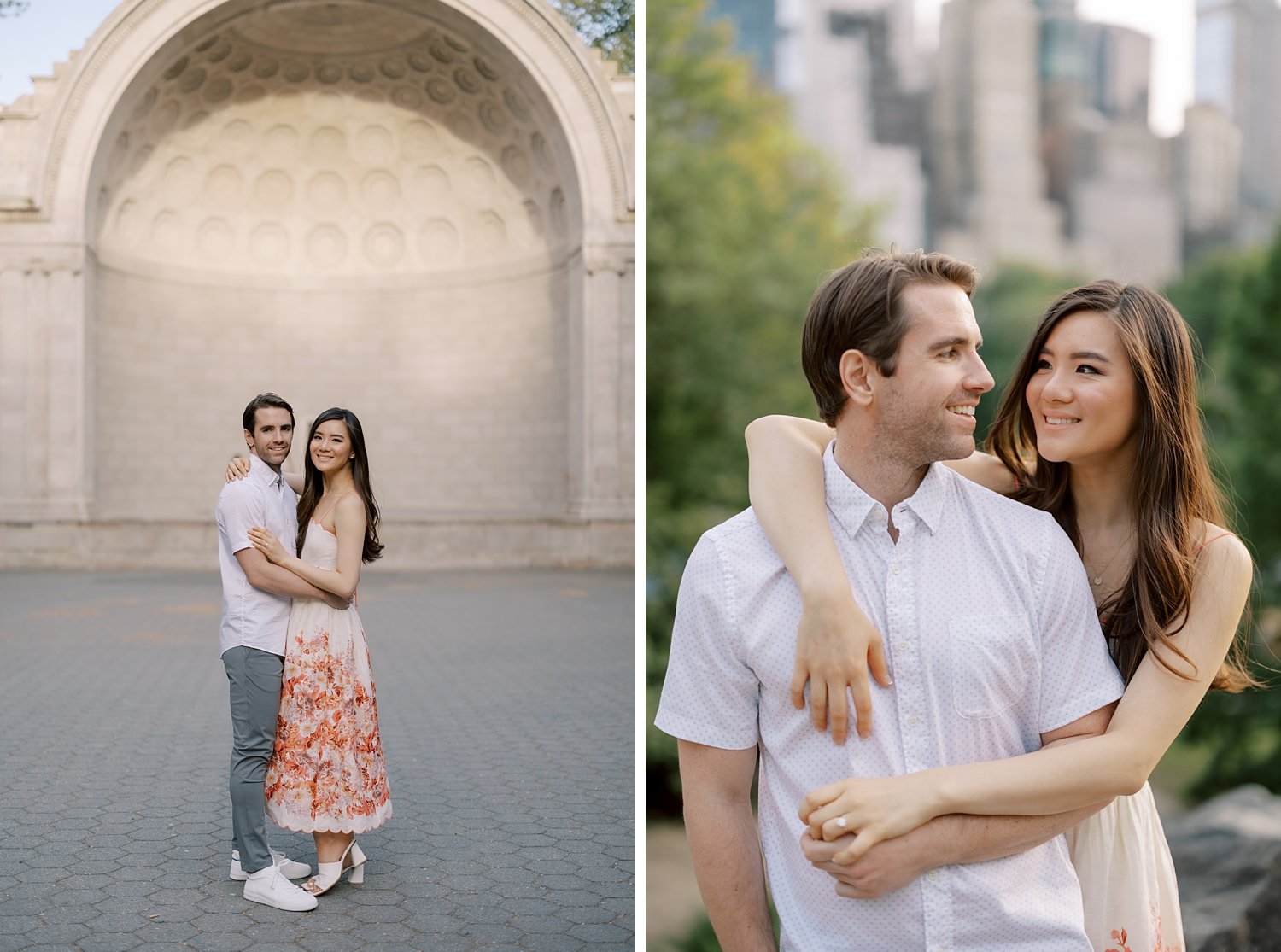 engaged couple hugs in front of Bethesda Terrace during Central Park engagement portraits