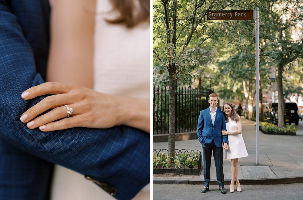 woman rests arm on groom's arm in blue suit jacket on corner inside Gramercy Park