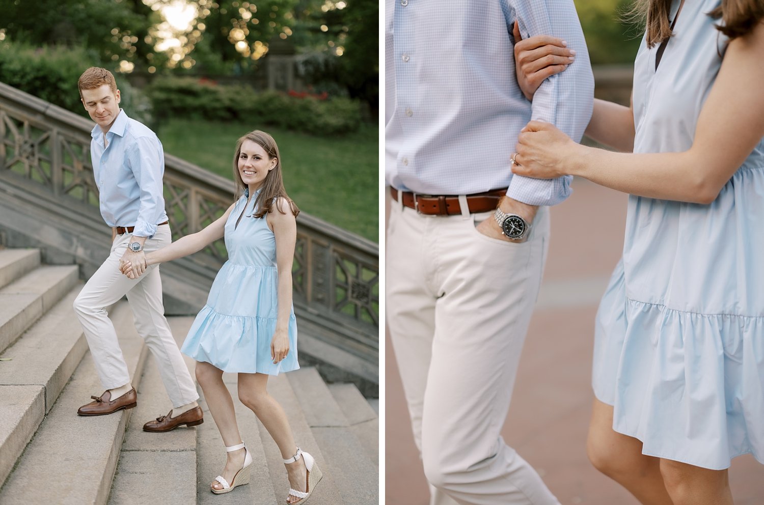 couple holds hands walking up staircase near Bethesda Terrace 