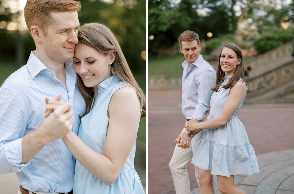 woman leans hugging man during Central Park engagement portraits 
