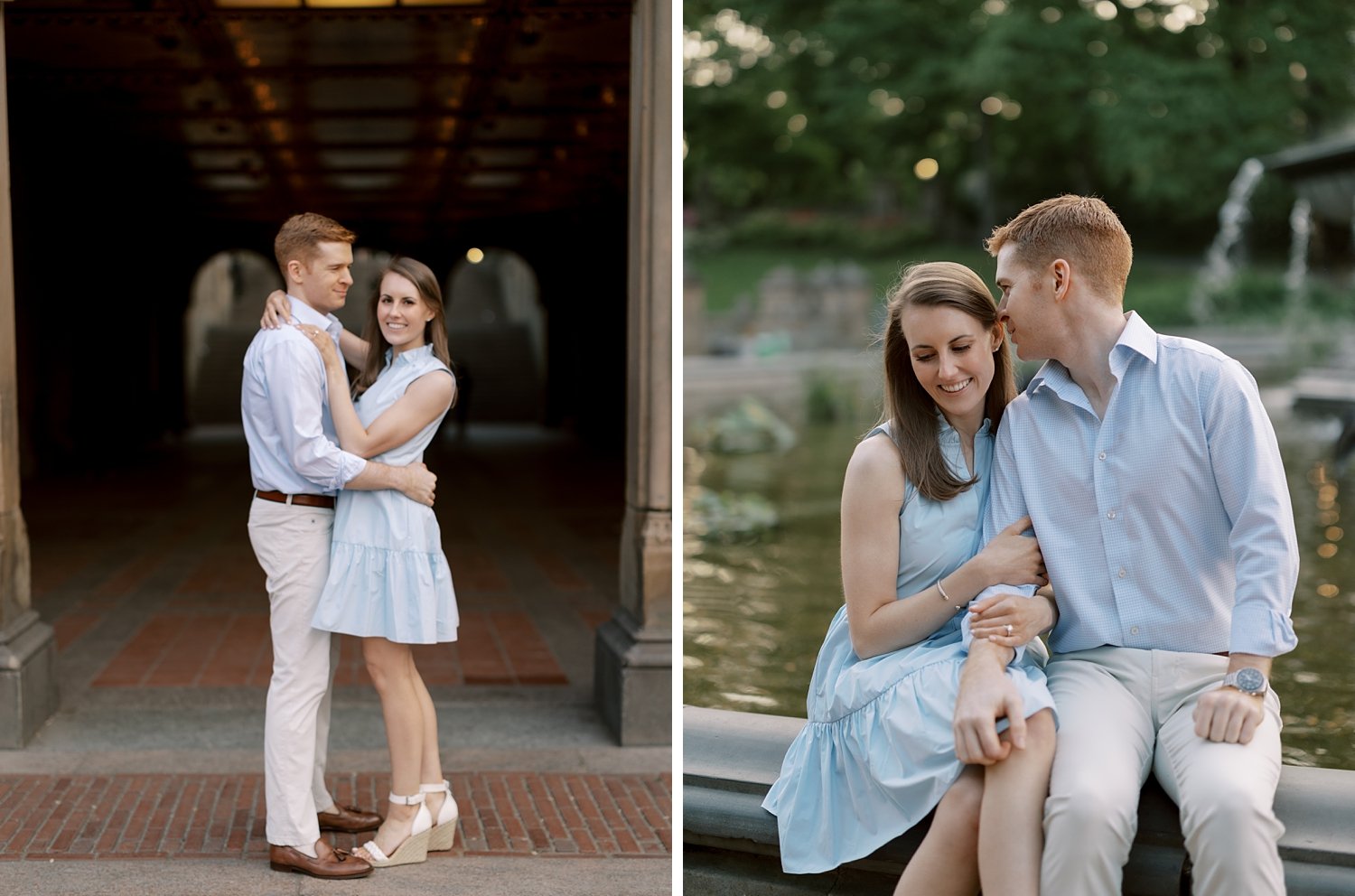 couple hugs under Bethesda Terrace in New York City park