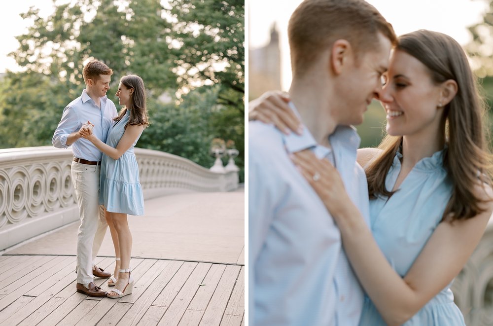 engaged couple stands on bridge in Central Park during engagement session 