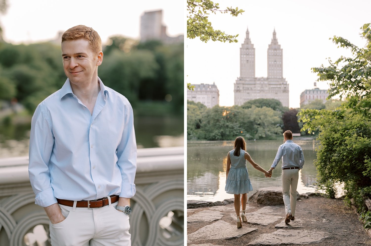 man stands with hands in pocket of light blue shirt in Central Park