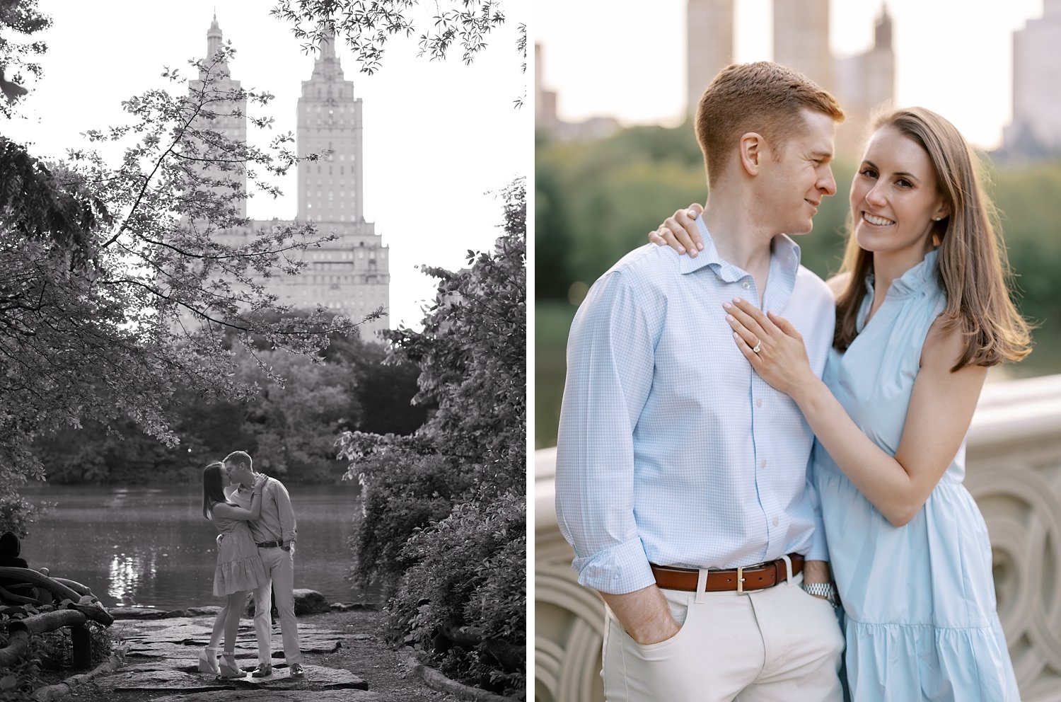 couple stands in front of NYC skyline inside Central Park