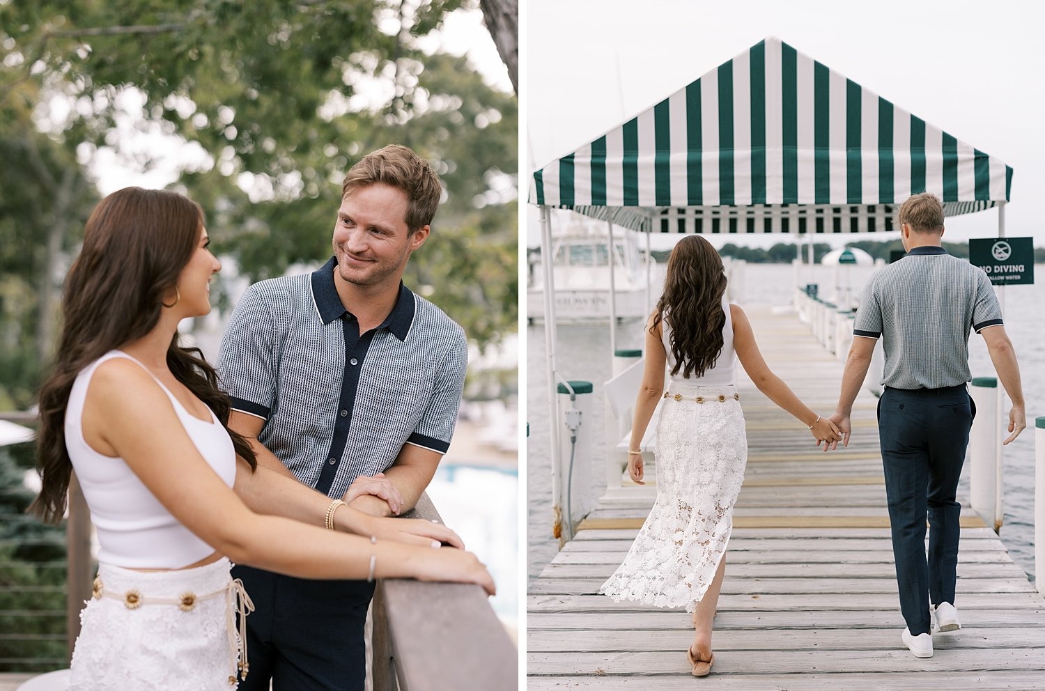 couple holds hands walking on dock outside Shelter Island hotel