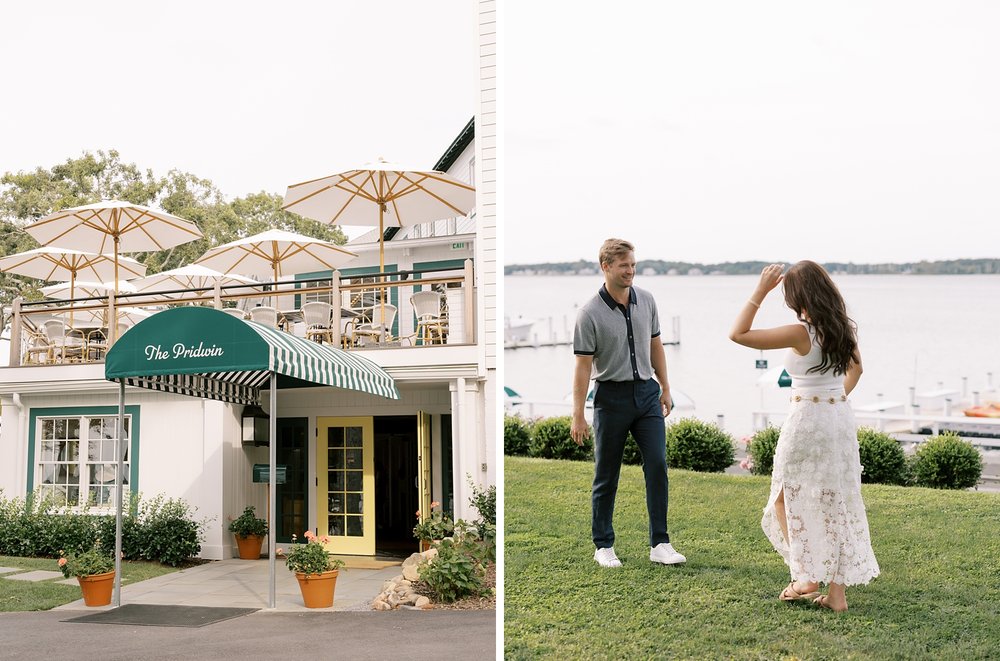 couple walks on lawn of Shelter Island hotel